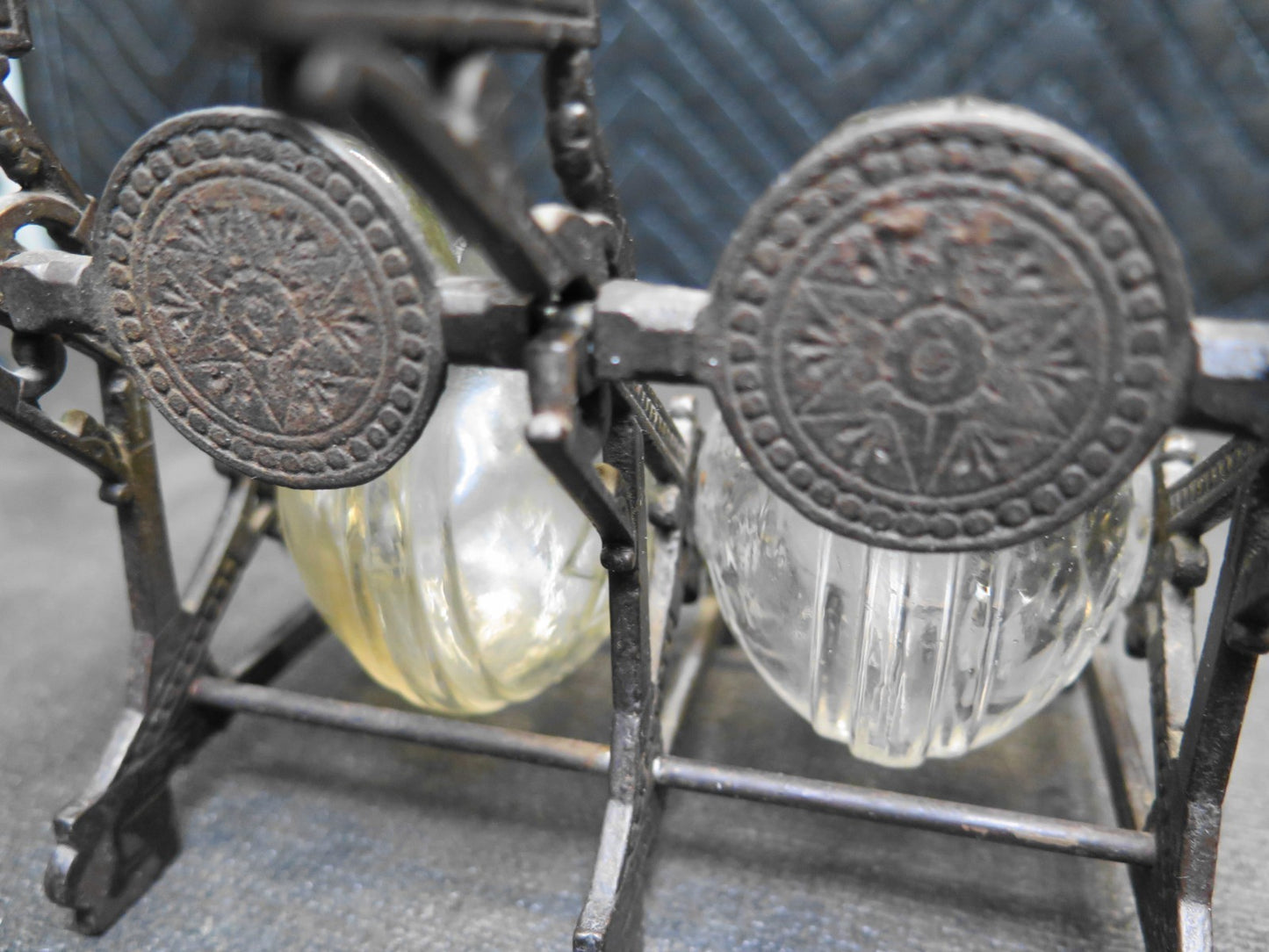 Double Inkwell Antique PAT. 1879 Glass Snail ink Bottles Cast Iron Stand