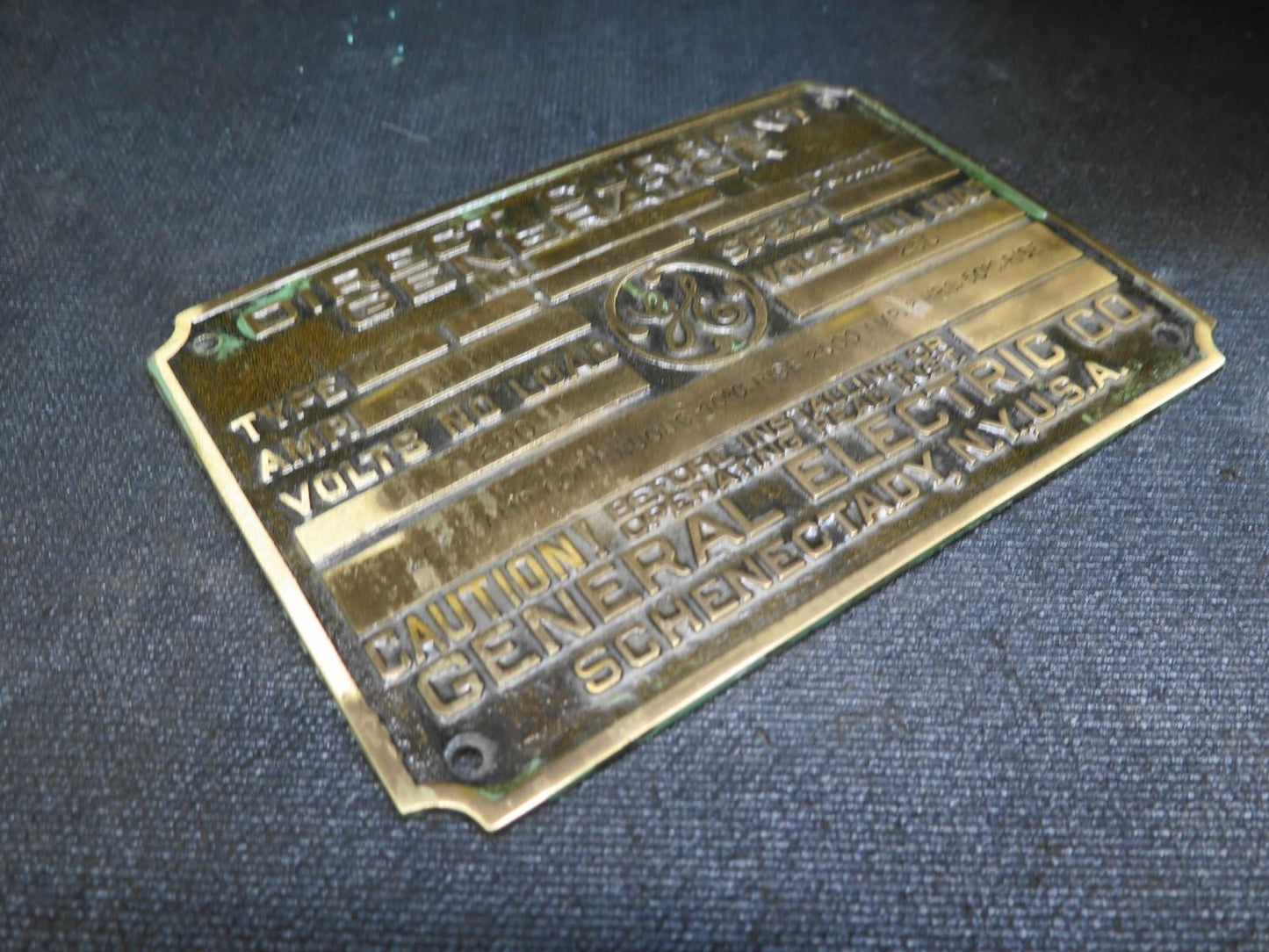 1918 GENERAL ELECTRIC CO Direct Current Generator Brass Plaque Name Plate