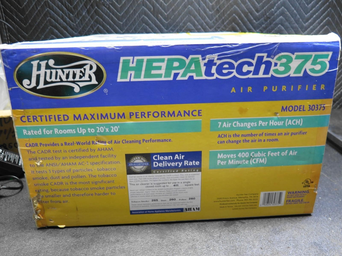 Hunter HEPAtech375 Air Purifier 30375 Ionizer - 400 CFM