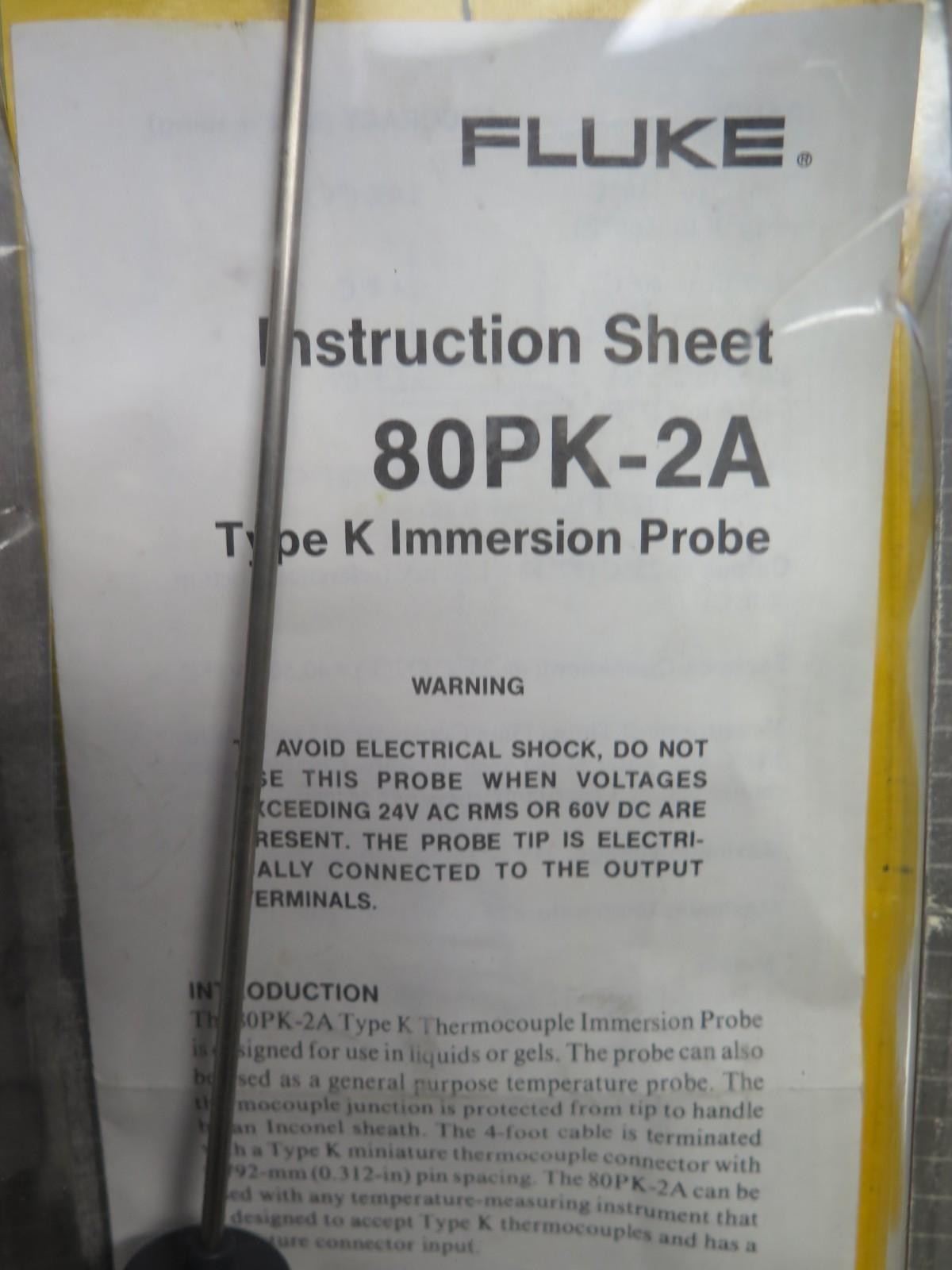 Fluke 80PK-2A Immersion Temperature Probe 80PK2A Type K Thermocouple