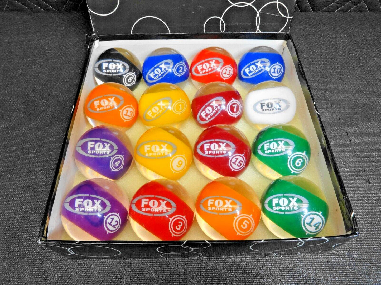 Fox Sports - Vintage Lucite Clear Retro Pool Balls Cue Billiard Complete Set