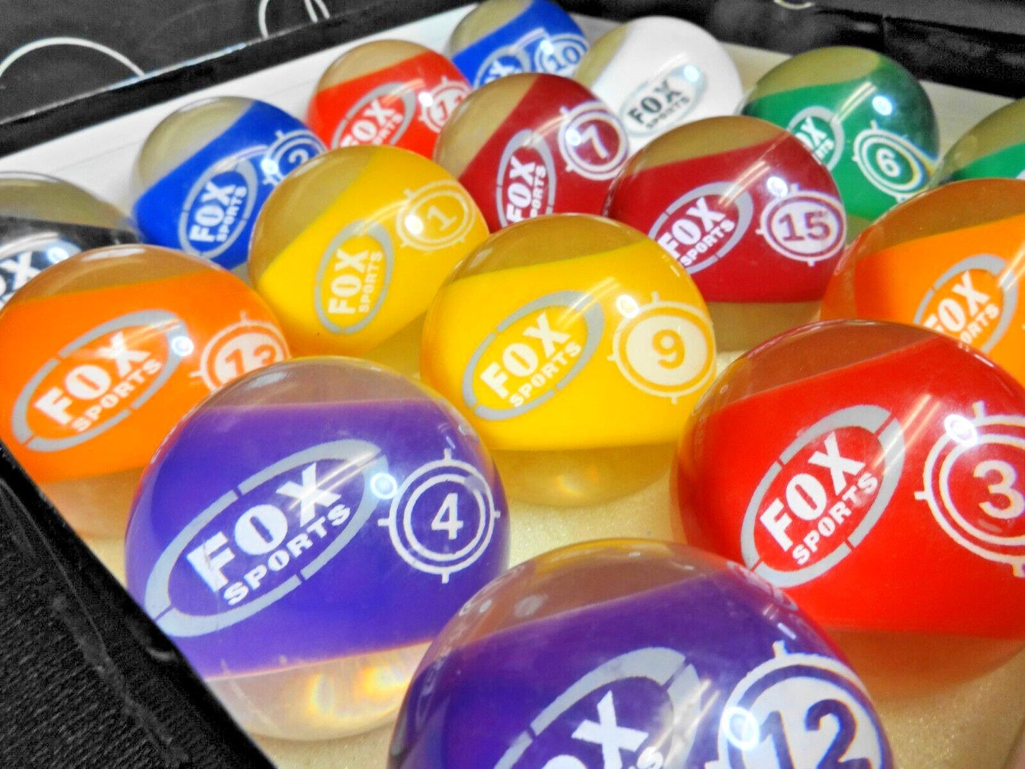 Fox Sports - Vintage Lucite Clear Retro Pool Balls Cue Billiard Complete Set