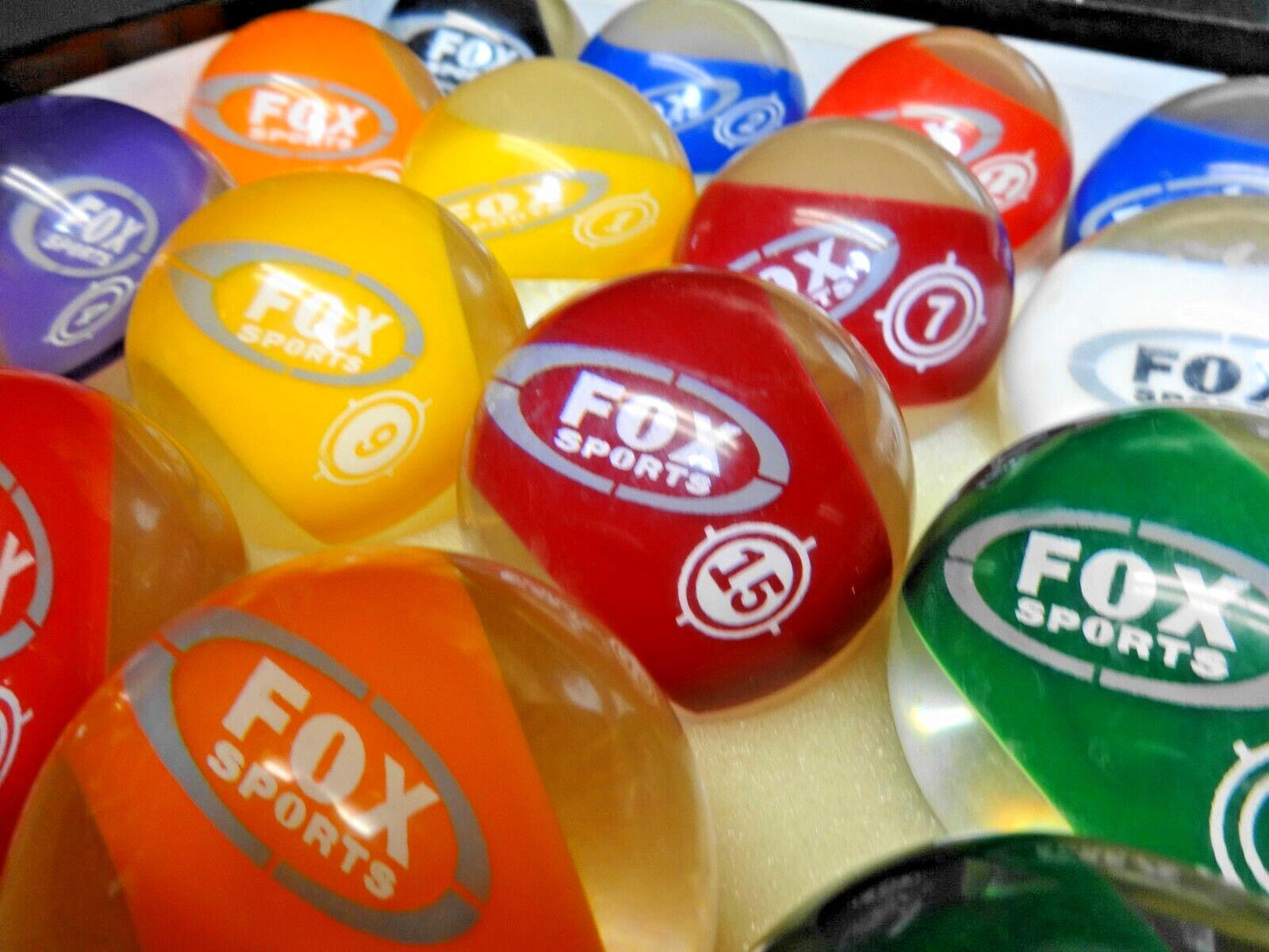 Fox Sports - Vintage Lucite Clear Retro Pool Balls Cue Billiard Complete Set