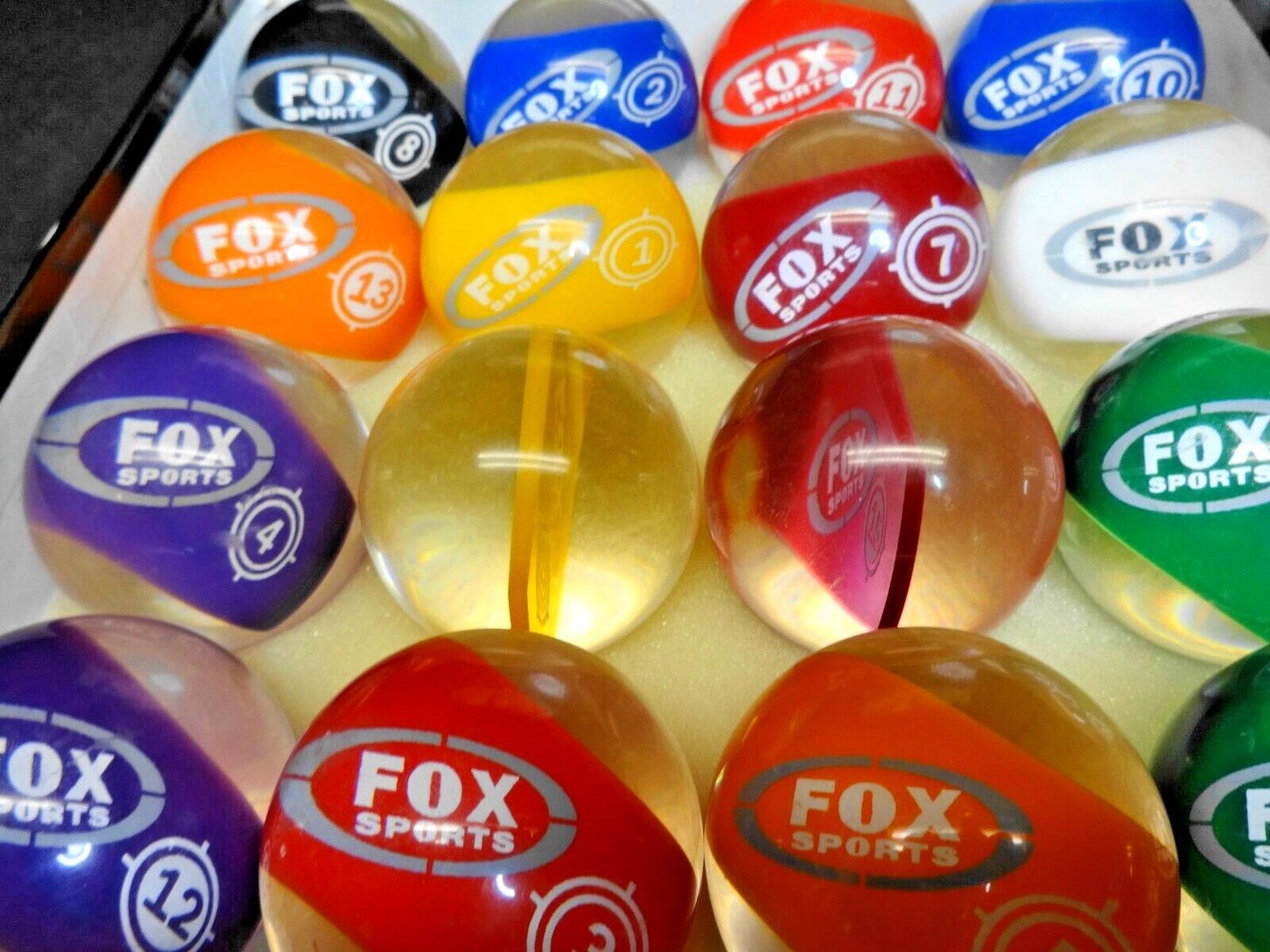 Fox Sports - Vintage Lucite Clear Retro Pool Balls Cue Billiard Complete Set