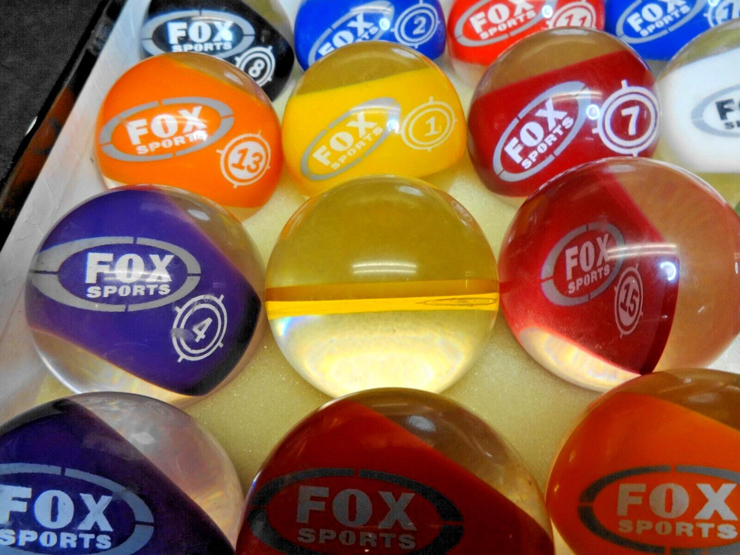 Fox Sports - Vintage Lucite Clear Retro Pool Balls Cue Billiard Complete Set