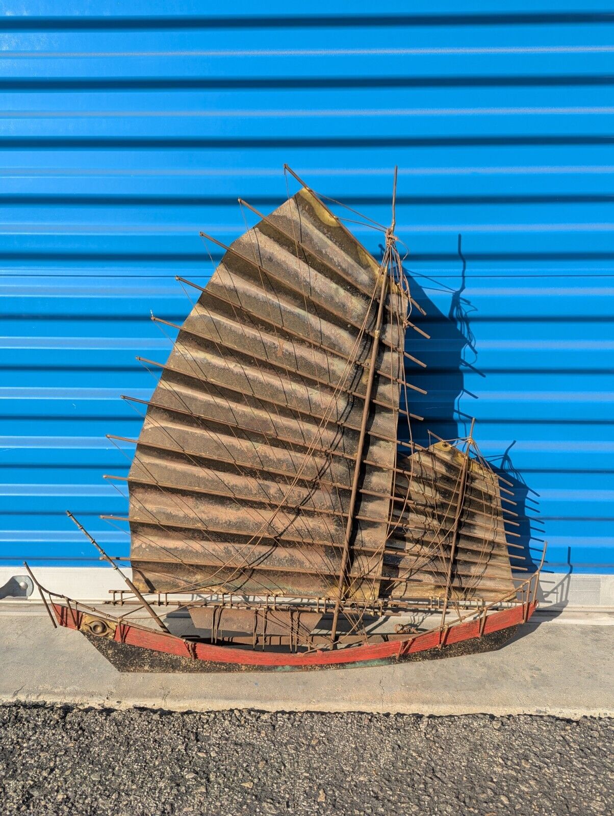MCM Brutalist Curtis Jere Signed Brass Wall Sculpture - Chinese Junk Sailboat !