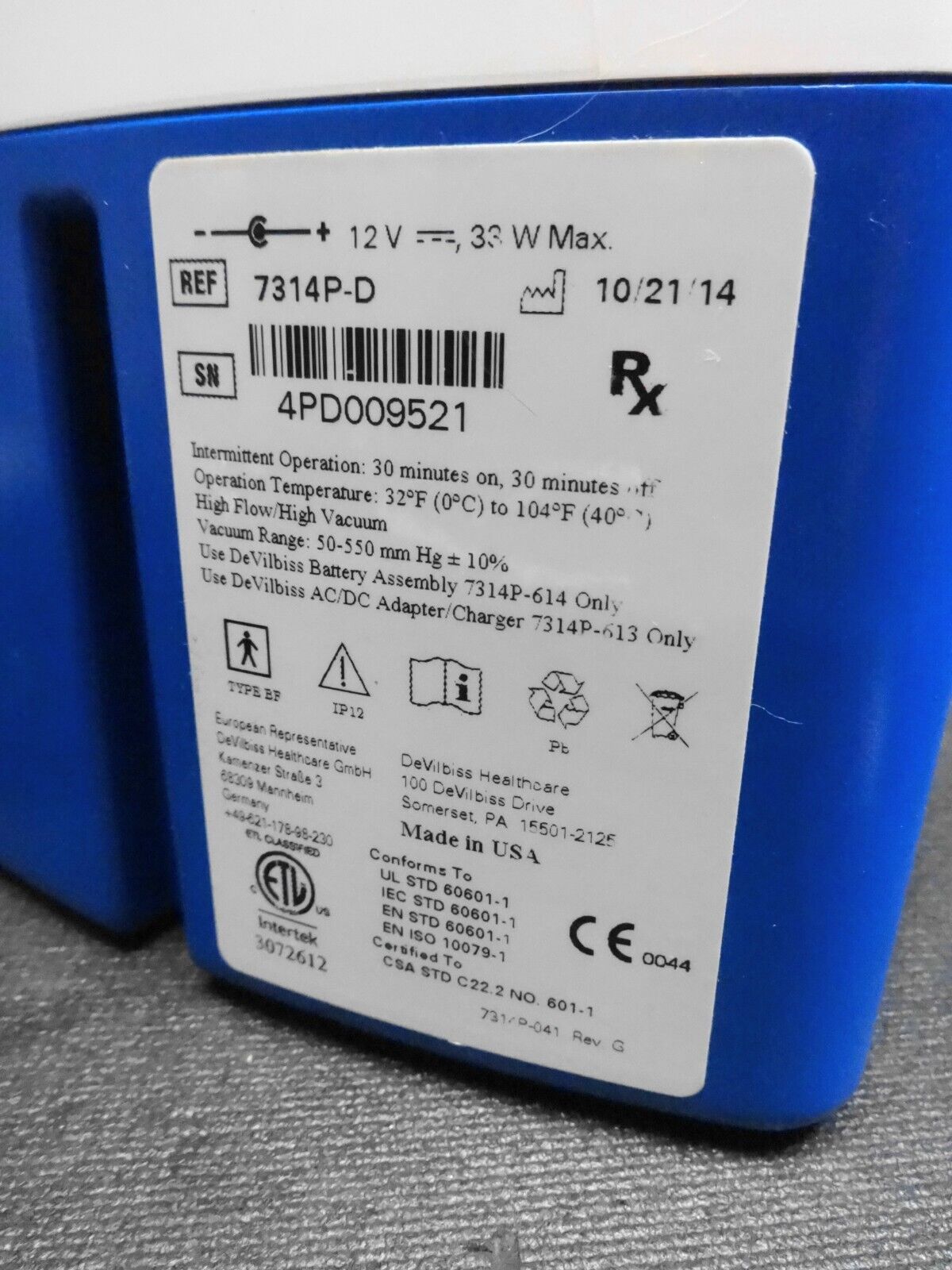 DeVilbiss 7314P-D Vacu-Aide Suction Unit - New Battery Installed 02/2025