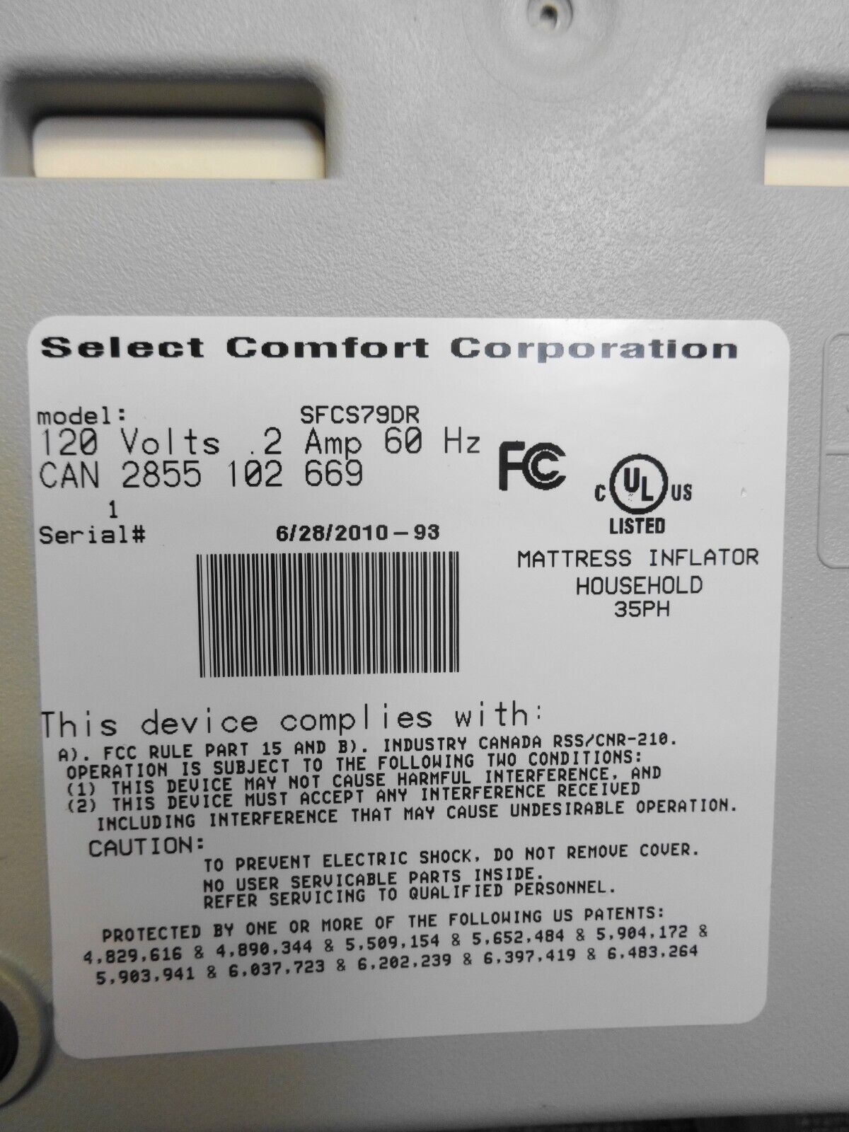 Select Comfort Sleep Number Dual Air PUMP ONLY Model SFCS02DR - No Remote
