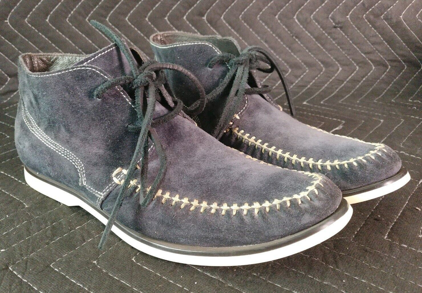 JOHN VARVATOS STAR USA BLUE SUEDE MOC TOE BOAT SOLE DESERT CHUKKA BOOTS SZ 7.5