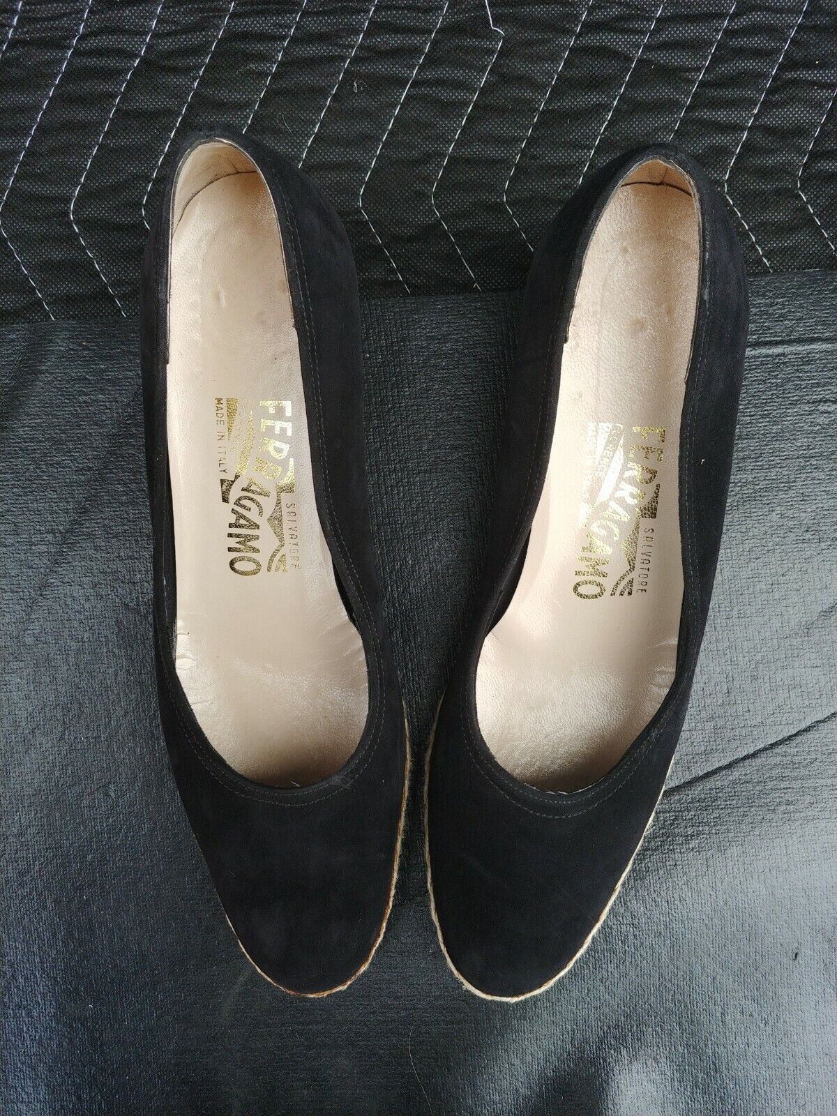 Salvatore Ferragamo WOMENS WEDGE BLACK Suede Shoe Weave - SZ 9 A