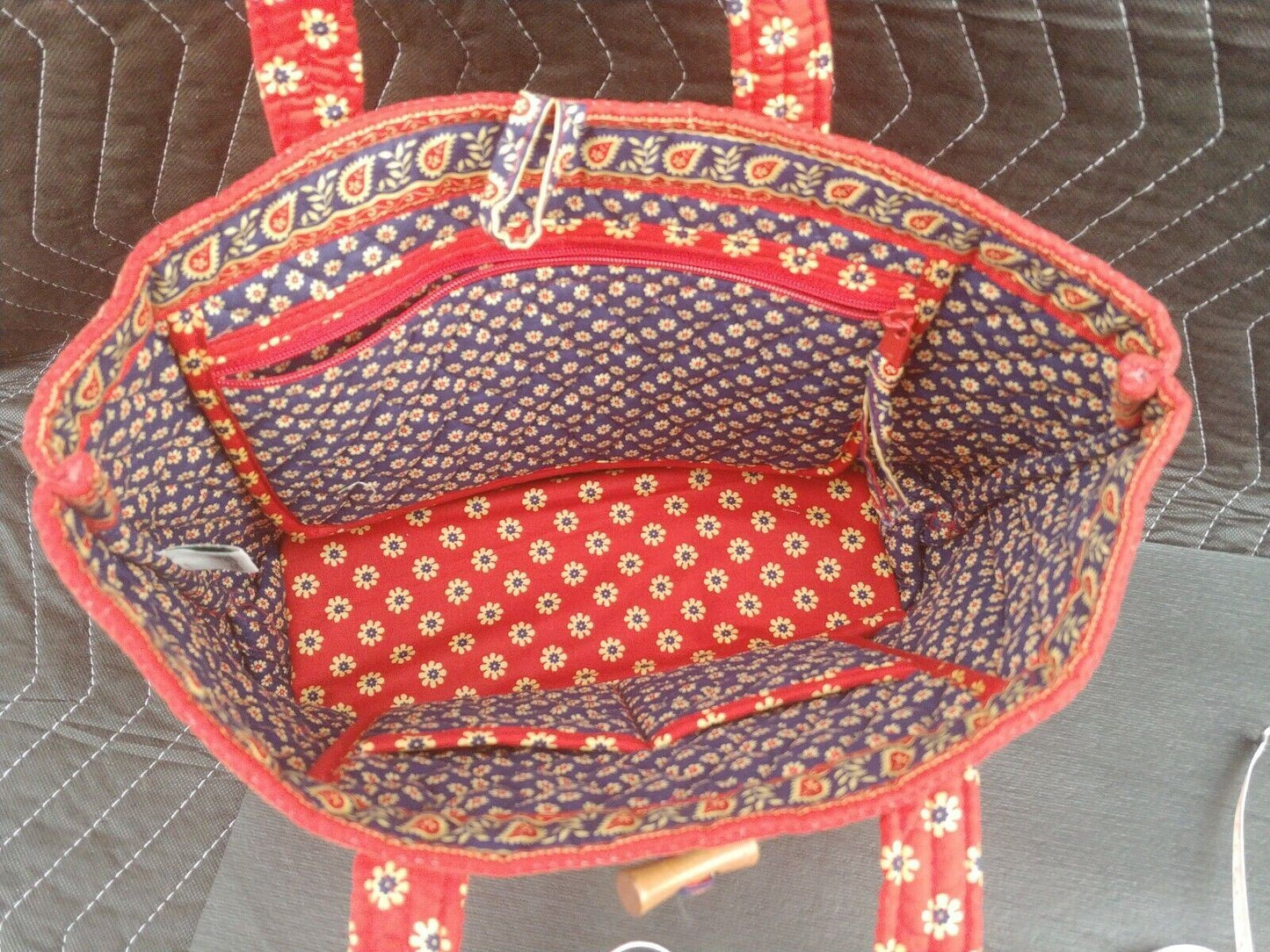 Vera Bradley Miller hand bag purse red w/ floral - wood knob closure