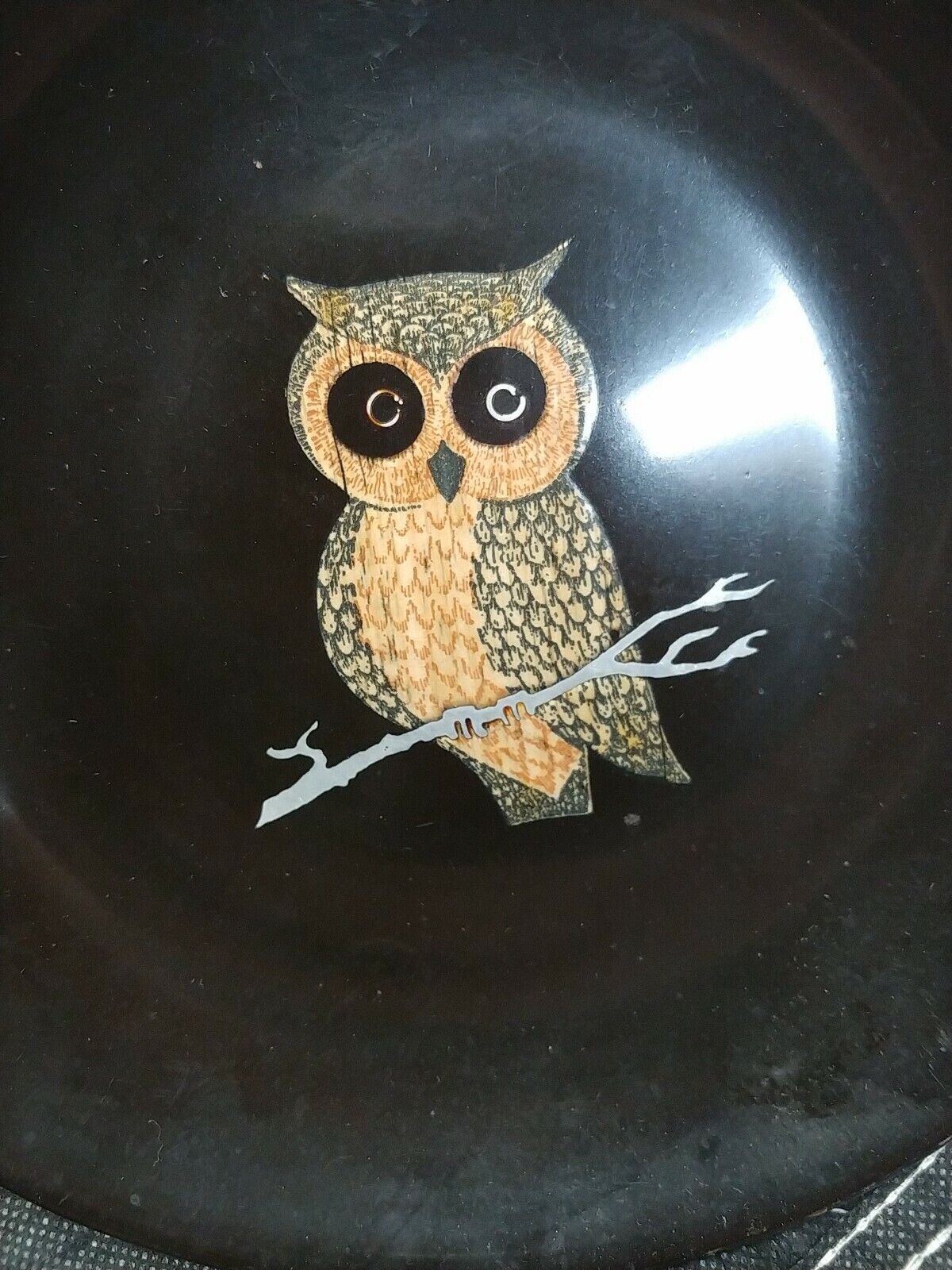 OWL PLATE Vintage MCM Couroc of Monterey Round 7.75" Inlaid  Shallow Bowl Black