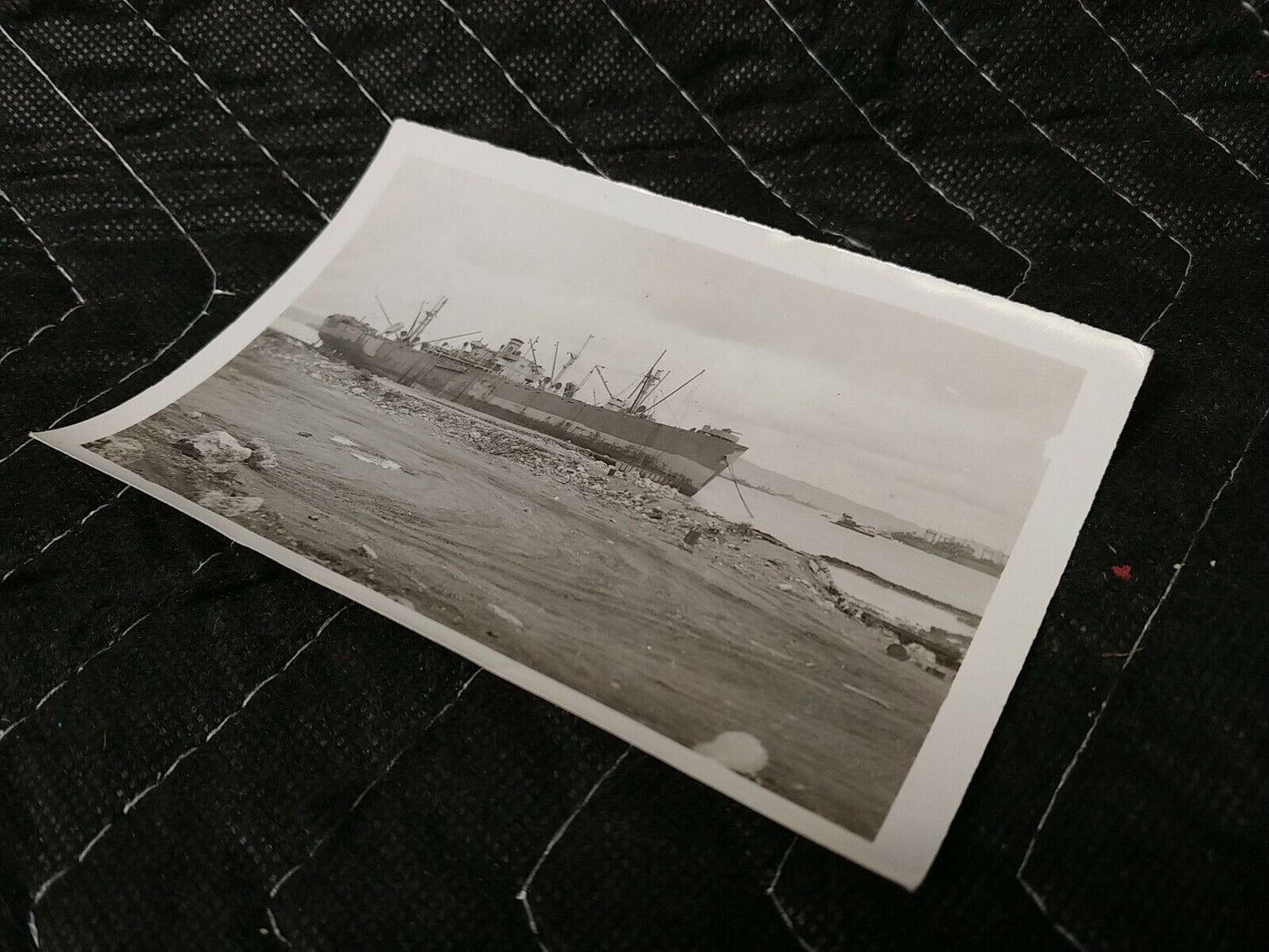 Vintage photo 10/1945 military ship after Typhoon, Buckner bay Okinawa Japan