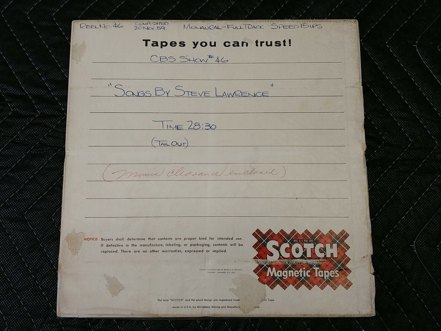Songs by Steve Lawrence to CBS Radio 3M Scotch 10 1/2" Magnetic Tape 1/4"x2400'
