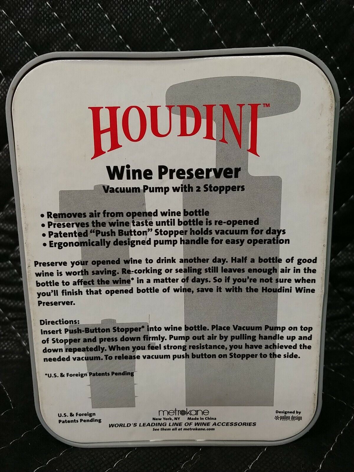 METROKANE BLACK LEVER VACUUM PUMP HOUDINI WINE beverage PRESERVER storage