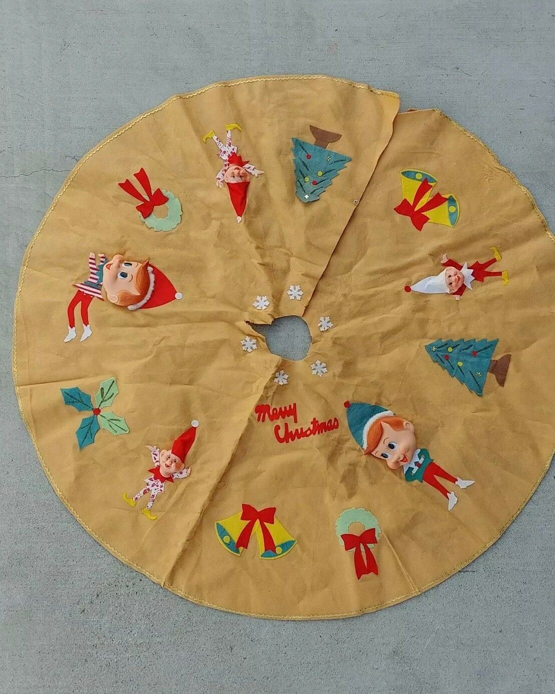 Vintage 3D Elves Christmas Tree Skirt - Made In Japan - Rare Color