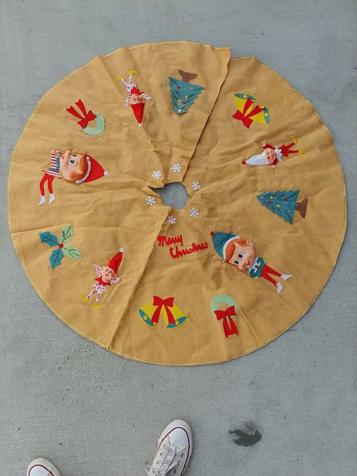Vintage 3D Elves Christmas Tree Skirt - Made In Japan - Rare Color