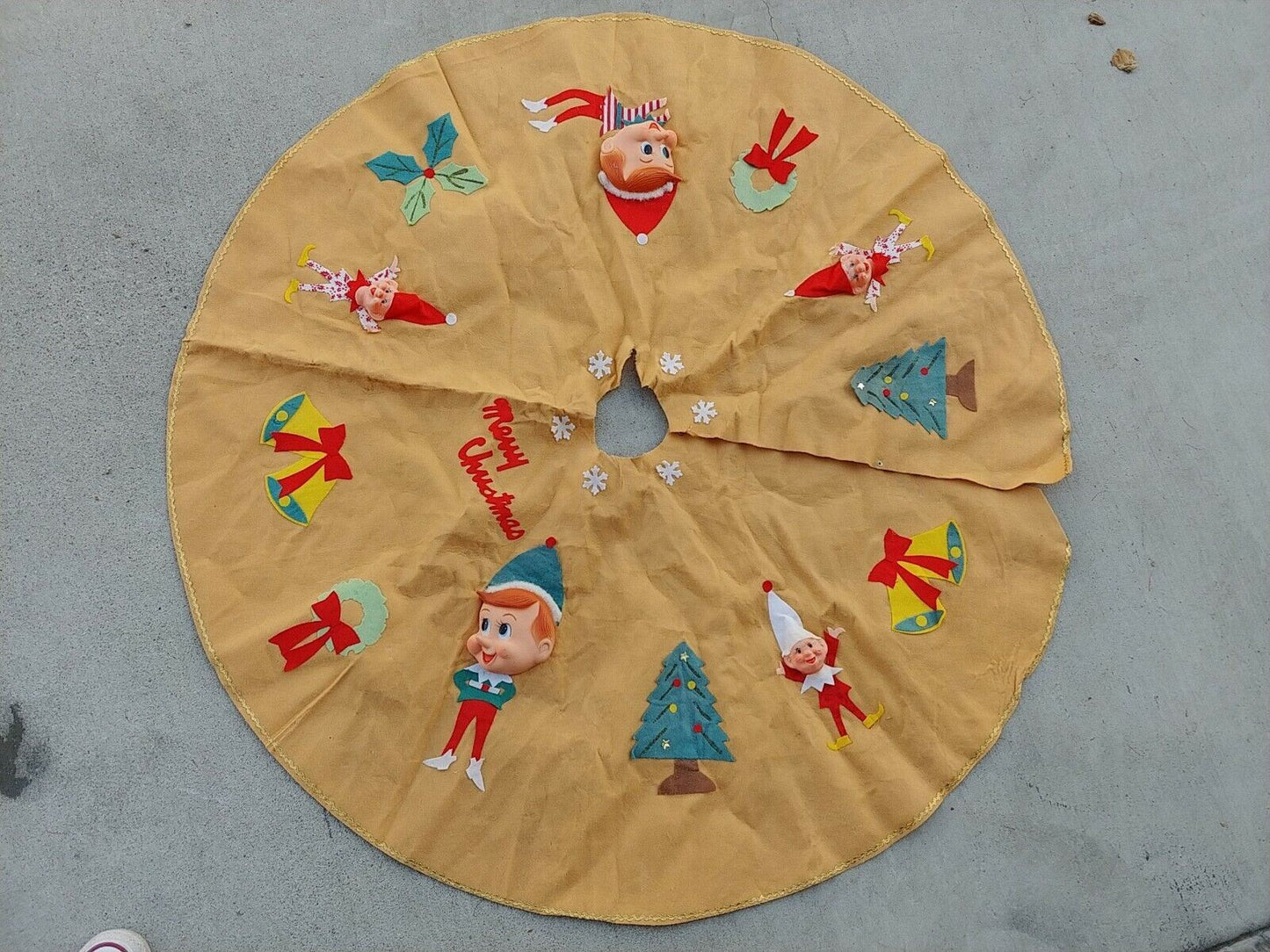 Vintage 3D Elves Christmas Tree Skirt - Made In Japan - Rare Color