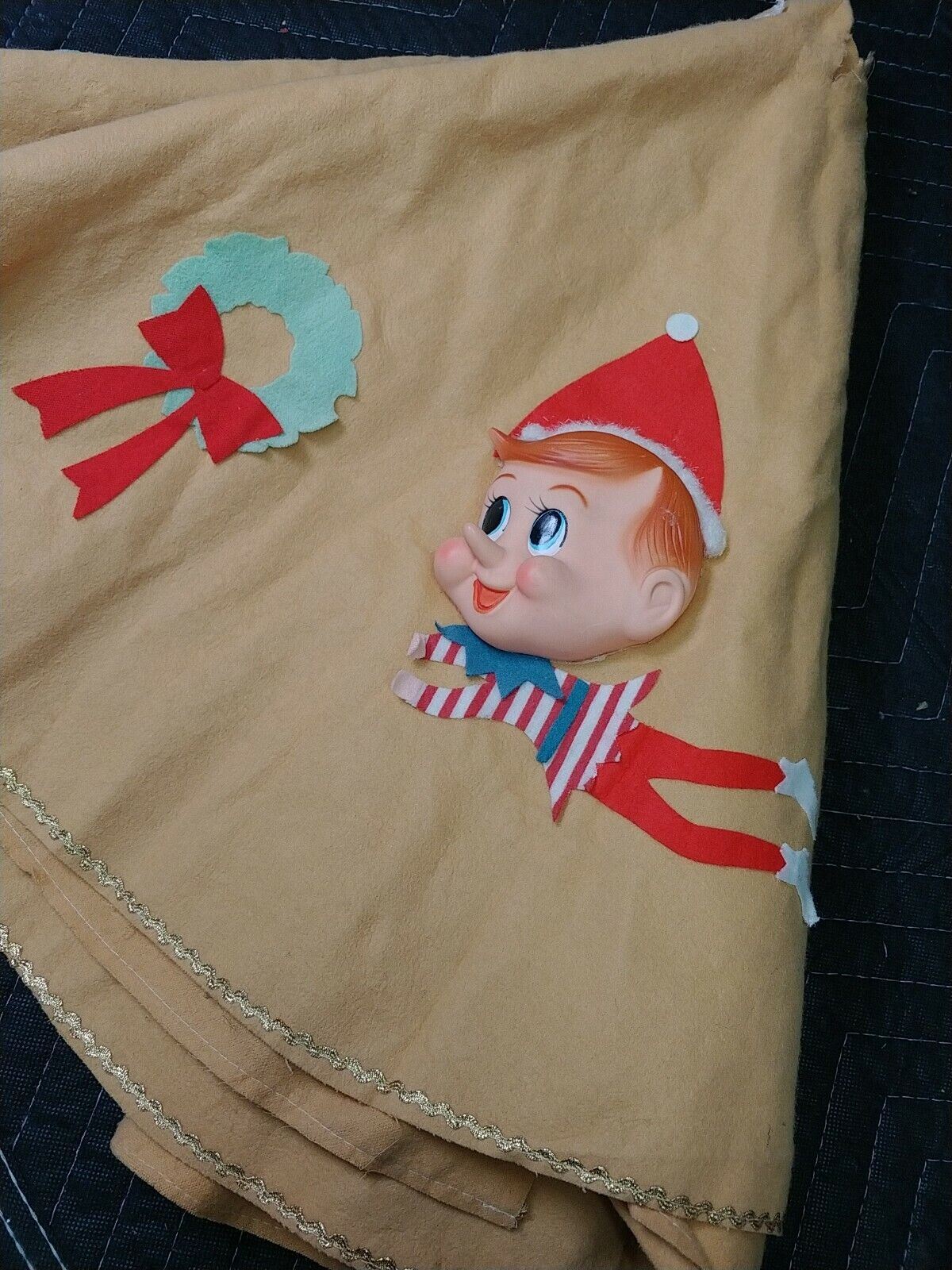 Vintage 3D Elves Christmas Tree Skirt - Made In Japan - Rare Color