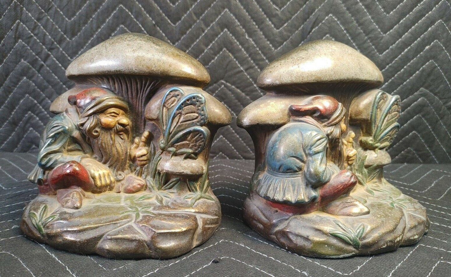 RARE 1900's Antique Armor Bronze Clad Knome Mushroom Butterfly Bookends Signed