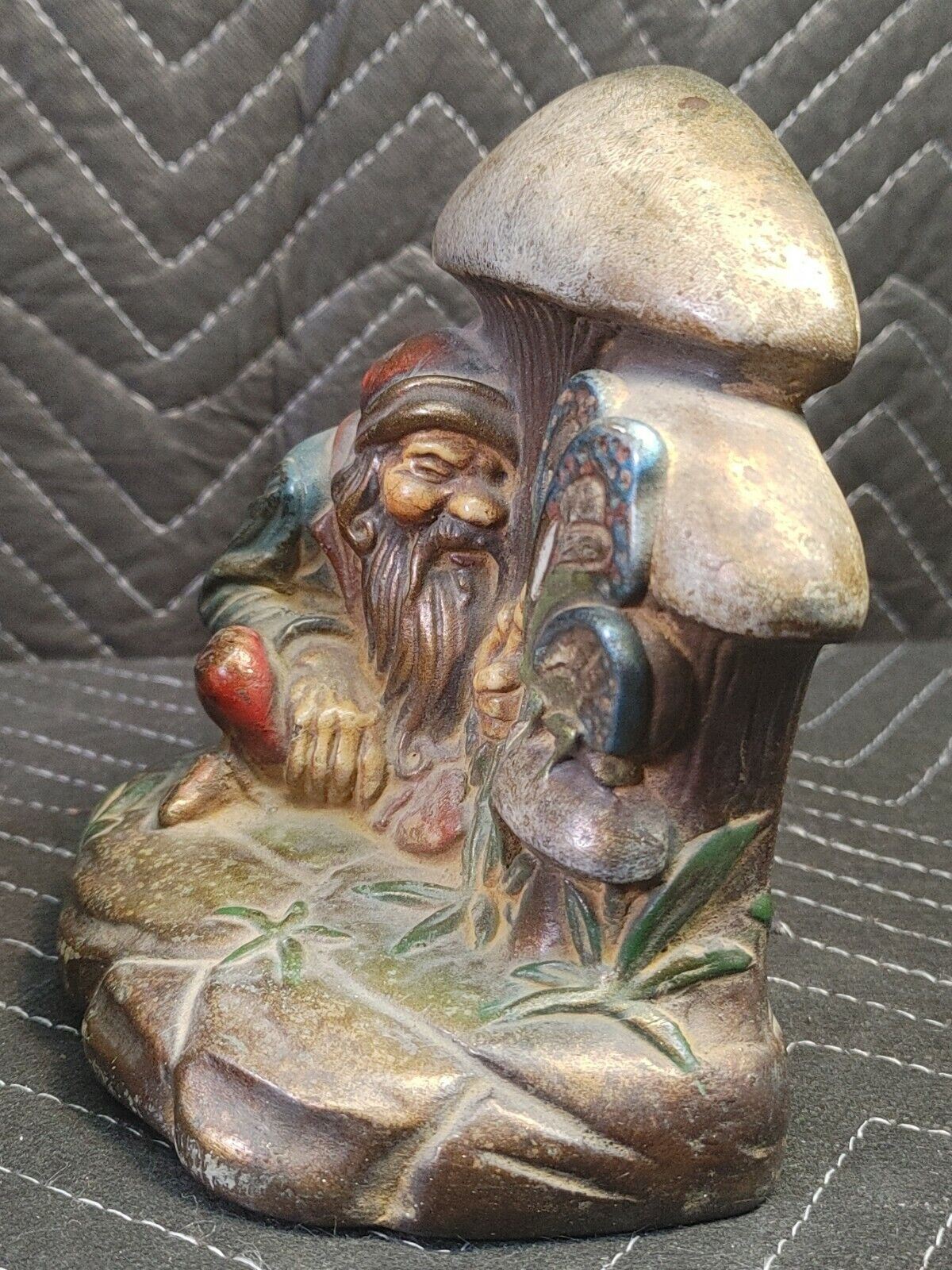 RARE 1900's Antique Armor Bronze Clad Knome Mushroom Butterfly Bookends Signed