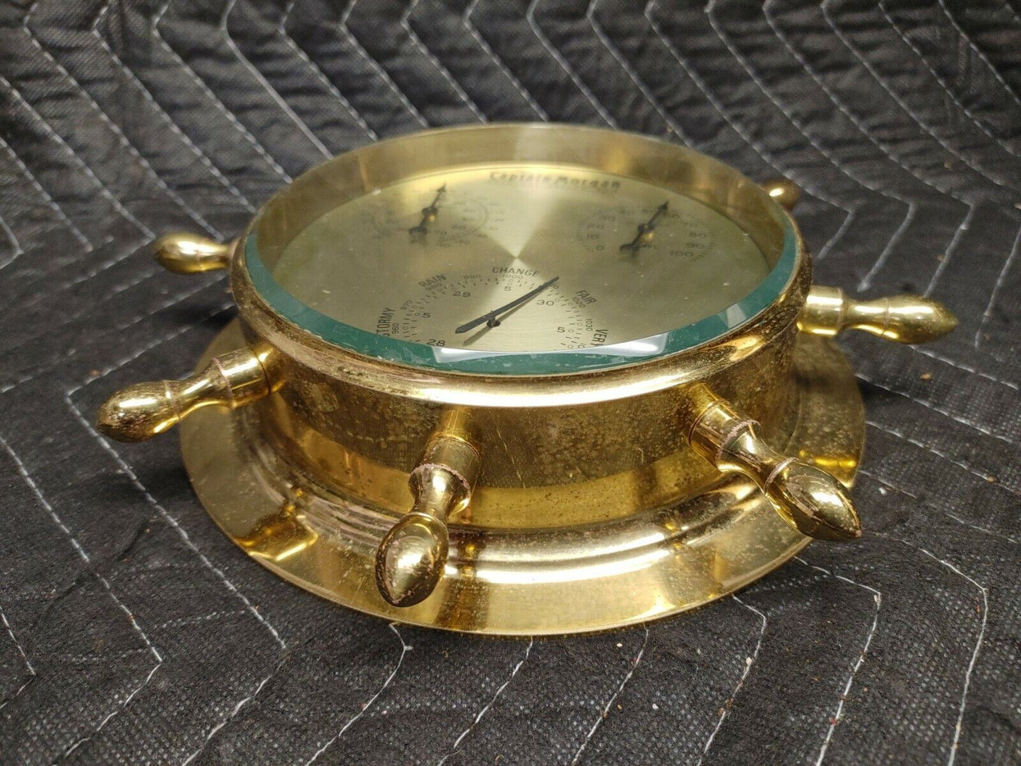Vintage CAPTAIN MORGAN SPICED RUM Brass Weather Station Barometer Helm Wheel