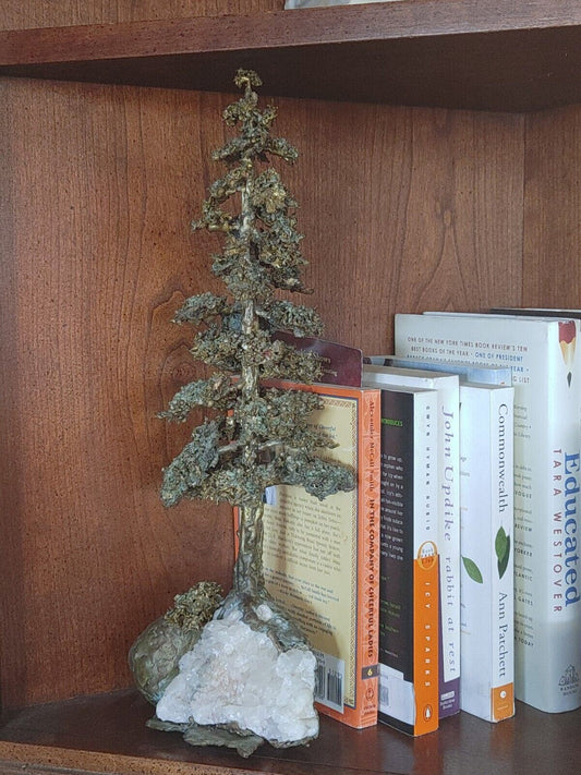 Mid Century Bronze Pine Tree Fir w/ Quartz Crystals Base Bookend geode