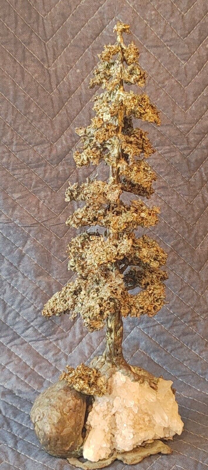 Mid Century Bronze Pine Tree Fir w/ Quartz Crystals Base Bookend geode