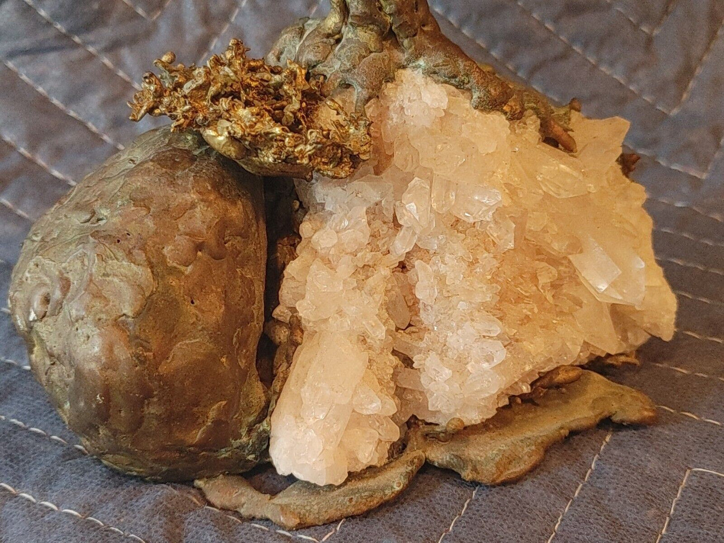 Mid Century Bronze Pine Tree Fir w/ Quartz Crystals Base Bookend geode