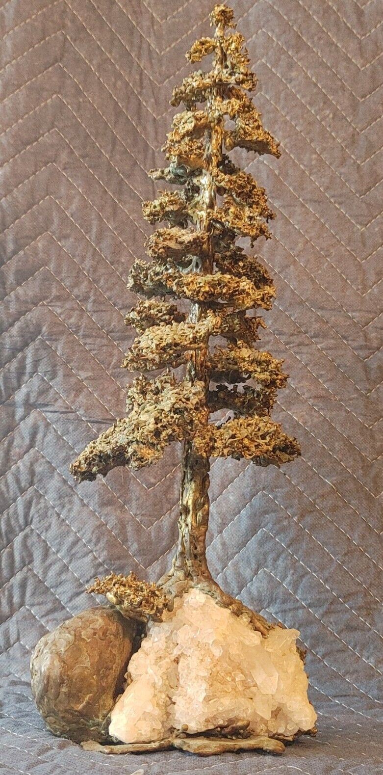 Mid Century Bronze Pine Tree Fir w/ Quartz Crystals Base Bookend geode