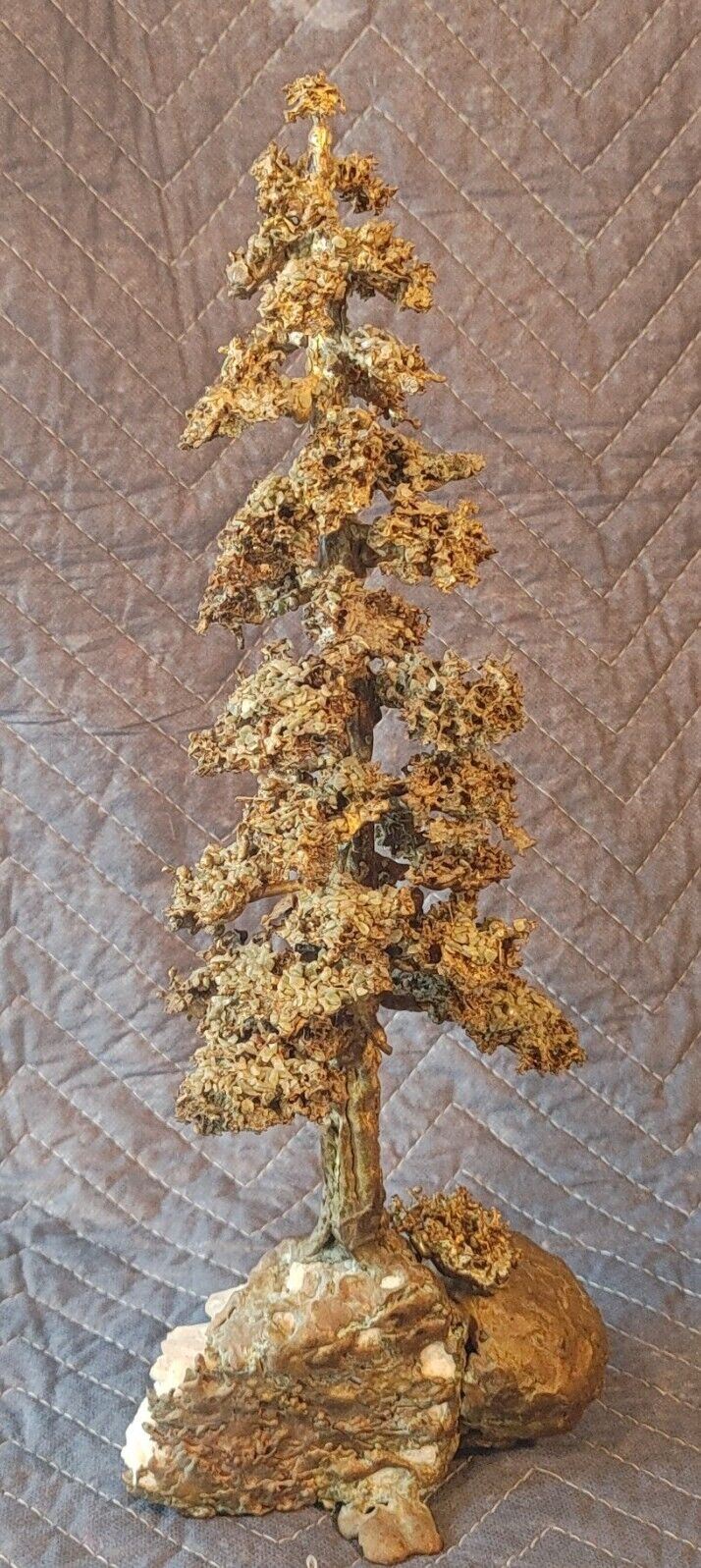 Mid Century Bronze Pine Tree Fir w/ Quartz Crystals Base Bookend geode