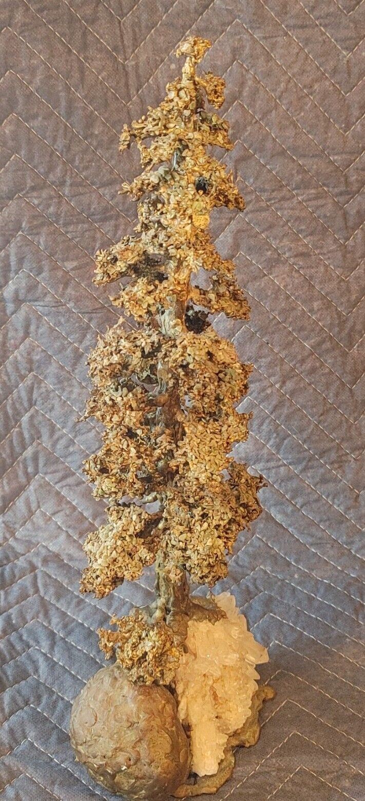 Mid Century Bronze Pine Tree Fir w/ Quartz Crystals Base Bookend geode
