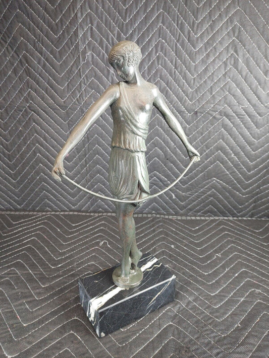 Art Deco Sculpture Woman Holding a Bow Archer Bronze Statue 15.5"