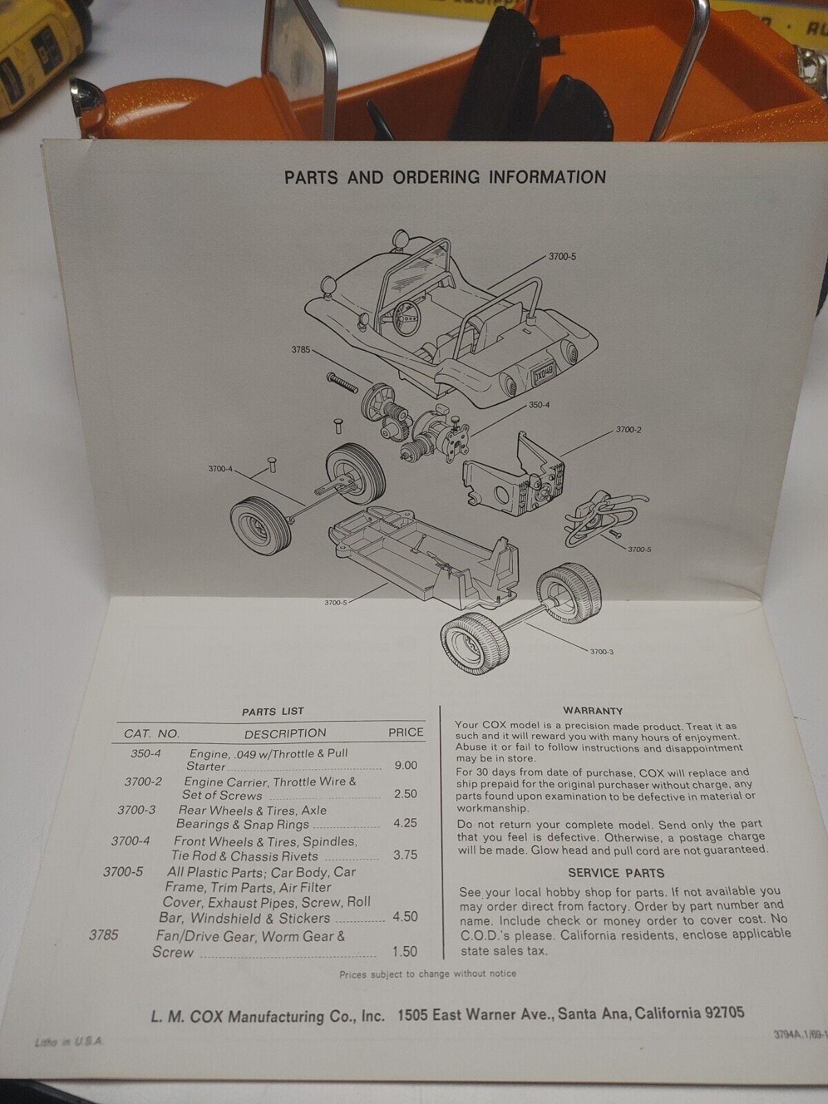 1969 Orange COX DUNE BUGGY W/ Box - First Gen w/ cardboard packaging inserts