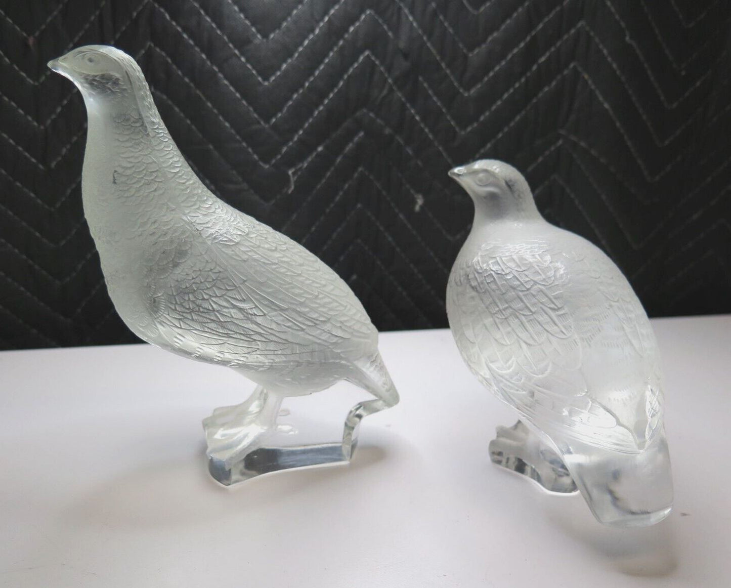Signed LALIQUE France - PAIR of Crystal Quail Pheasant BIRD FIGURINES