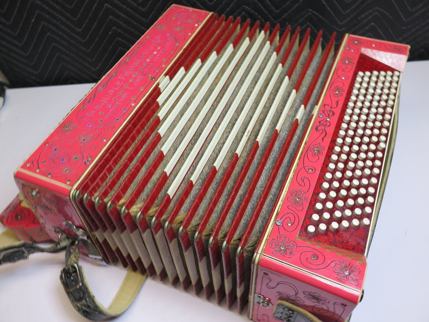 RARE ANTIQUE AUTHENTIC PASQUALE FICOSECCO ACCORDION ORGANETTO w/ Case - Pink