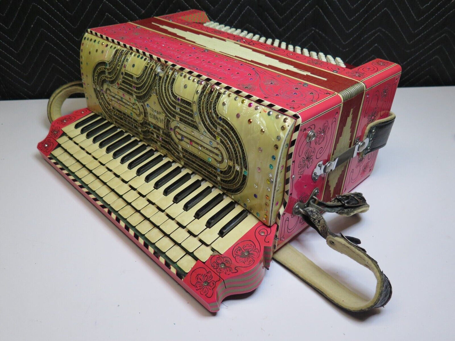 RARE ANTIQUE AUTHENTIC PASQUALE FICOSECCO ACCORDION ORGANETTO w/ Case - Pink
