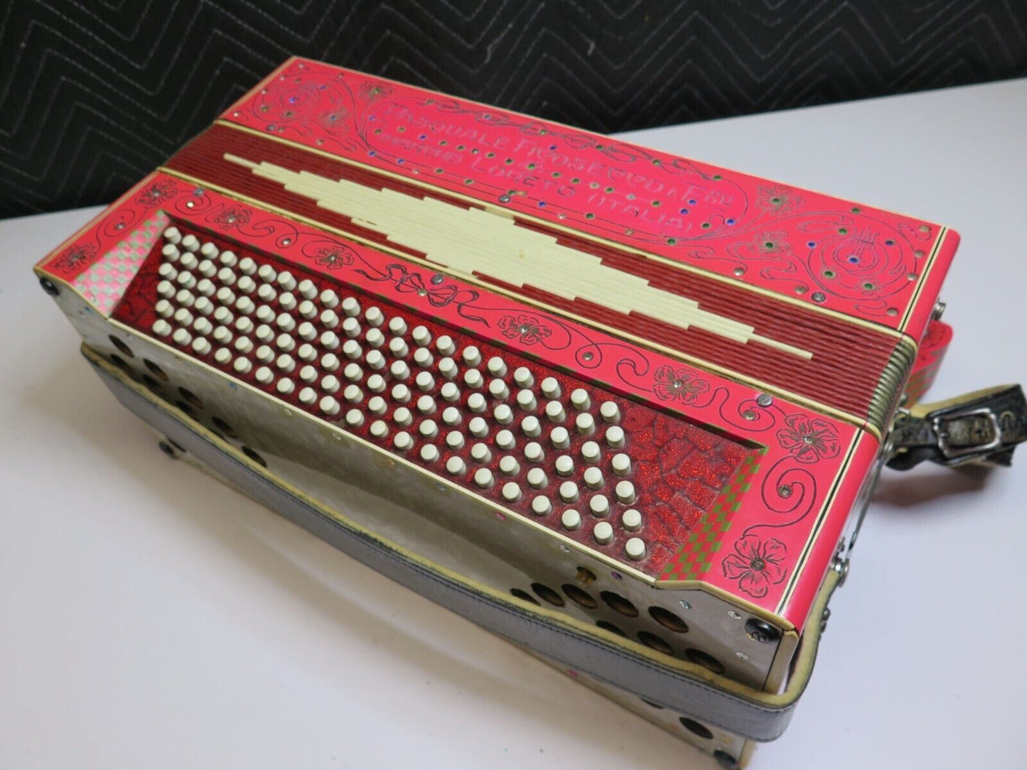 RARE ANTIQUE AUTHENTIC PASQUALE FICOSECCO ACCORDION ORGANETTO w/ Case - Pink
