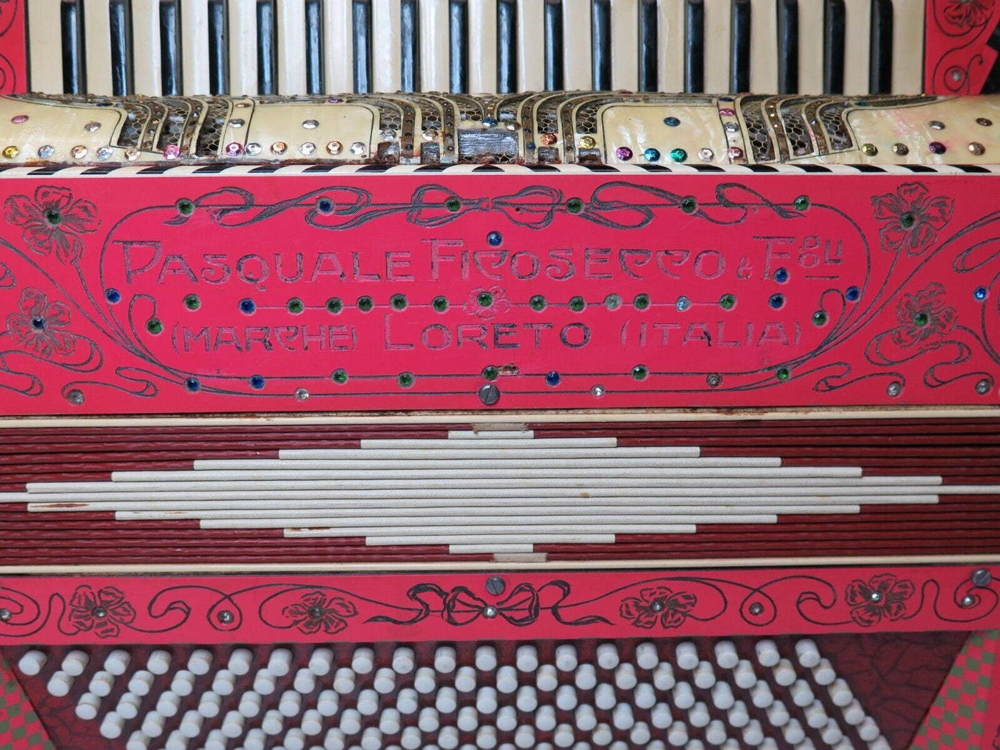 RARE ANTIQUE AUTHENTIC PASQUALE FICOSECCO ACCORDION ORGANETTO w/ Case - Pink