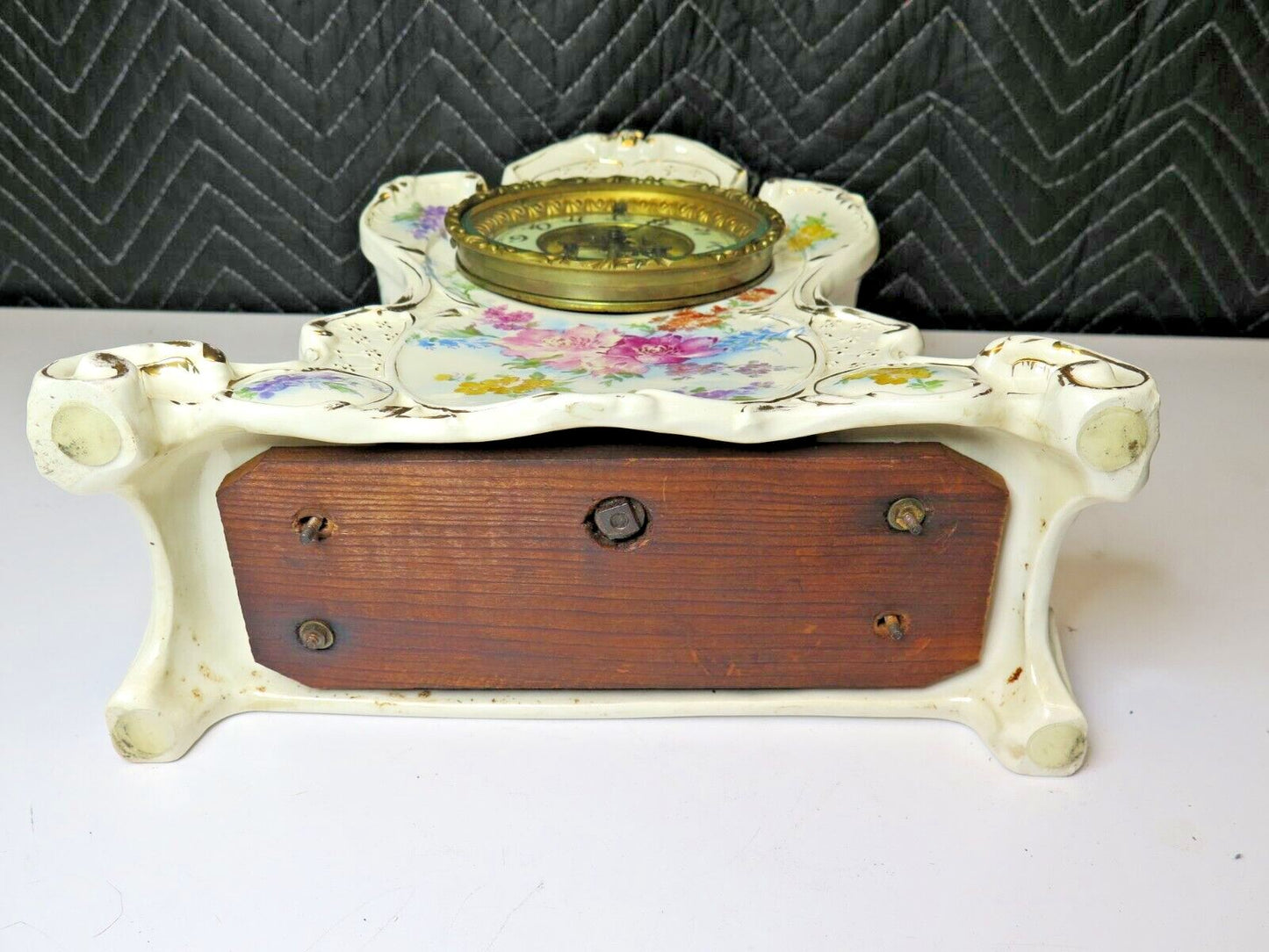 Antique Royal Bonn Ansonia Floral Ceramic Clock Open Escapement