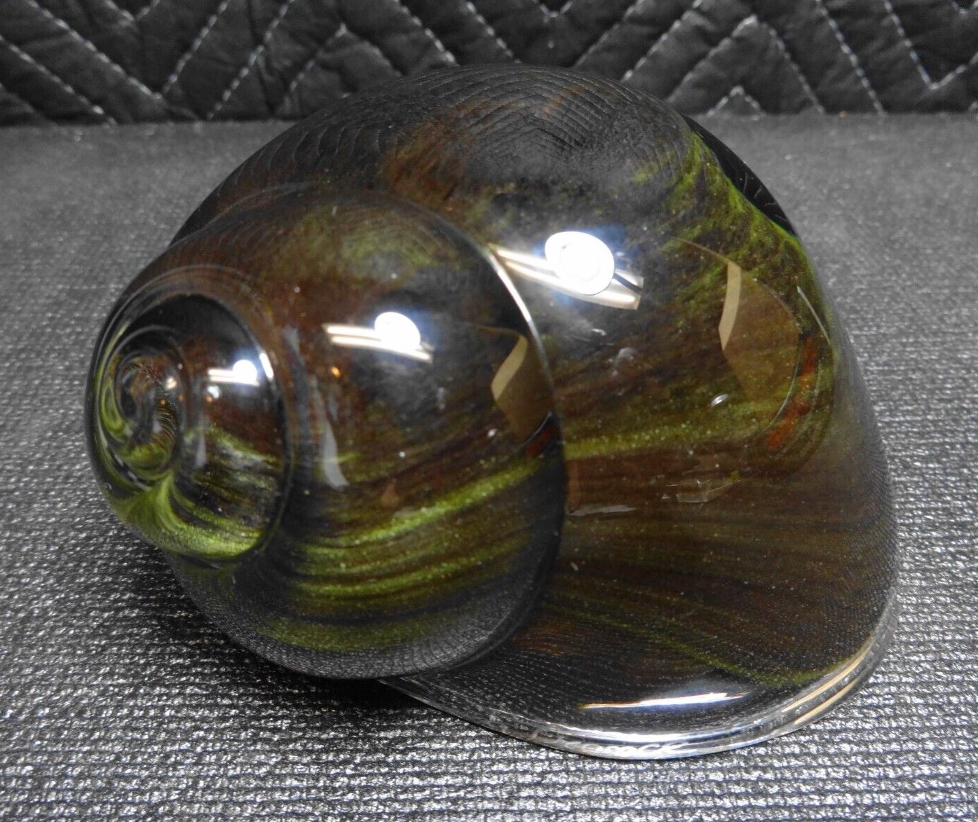 Daum France Green Glass Snail Shell Paperweight 4.5" - Signed