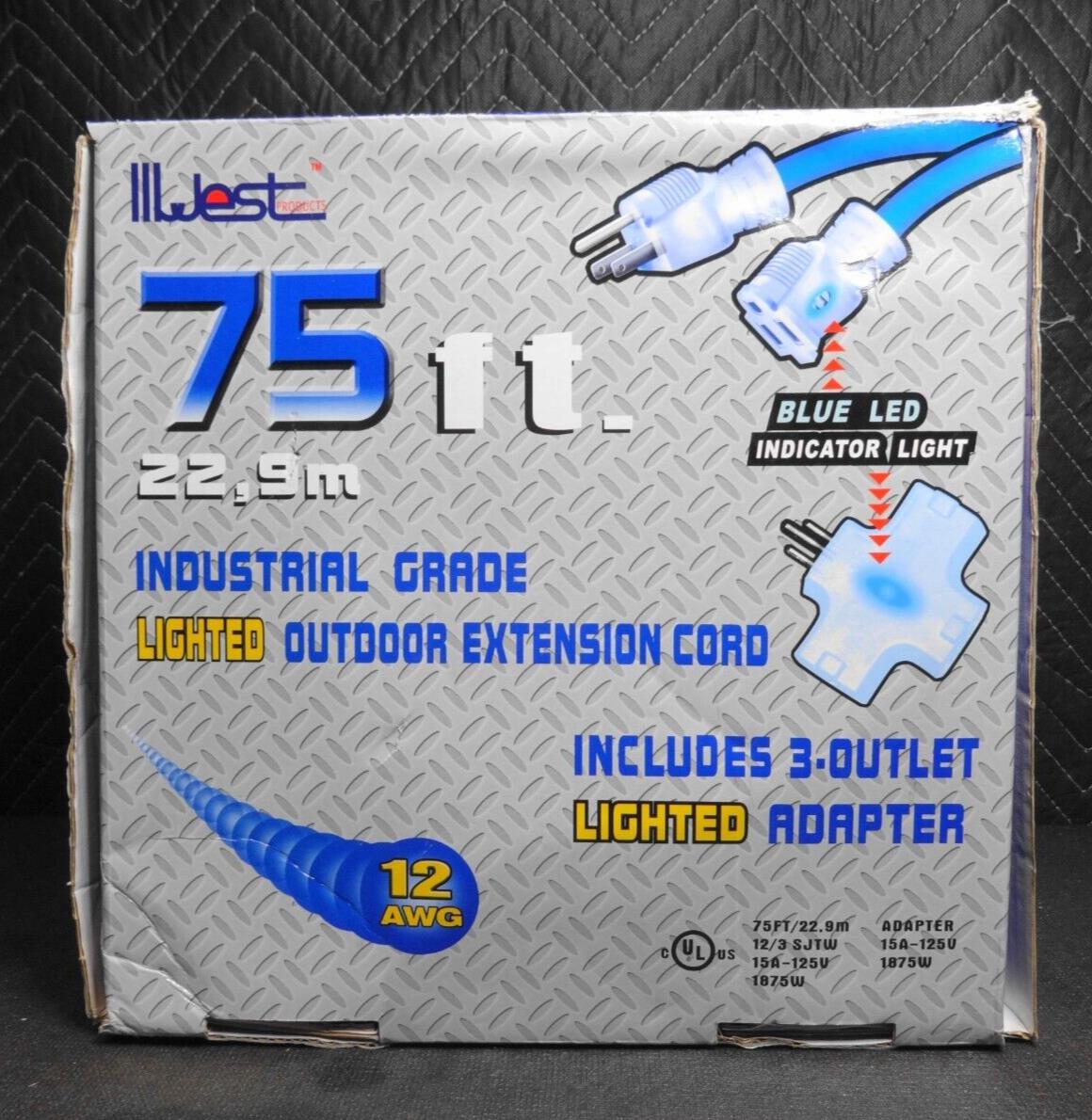 75 ft Extension Cord 3 Plug Lighted 12/3 15A 1875W 12 Gauge Indoor Outdoor Blue