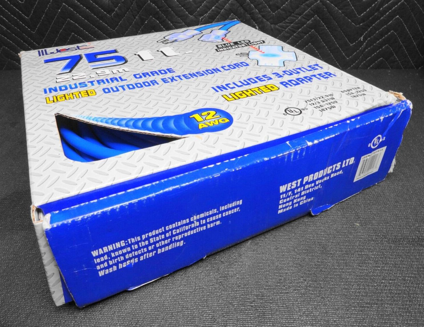 75 ft Extension Cord 3 Plug Lighted 12/3 15A 1875W 12 Gauge Indoor Outdoor Blue