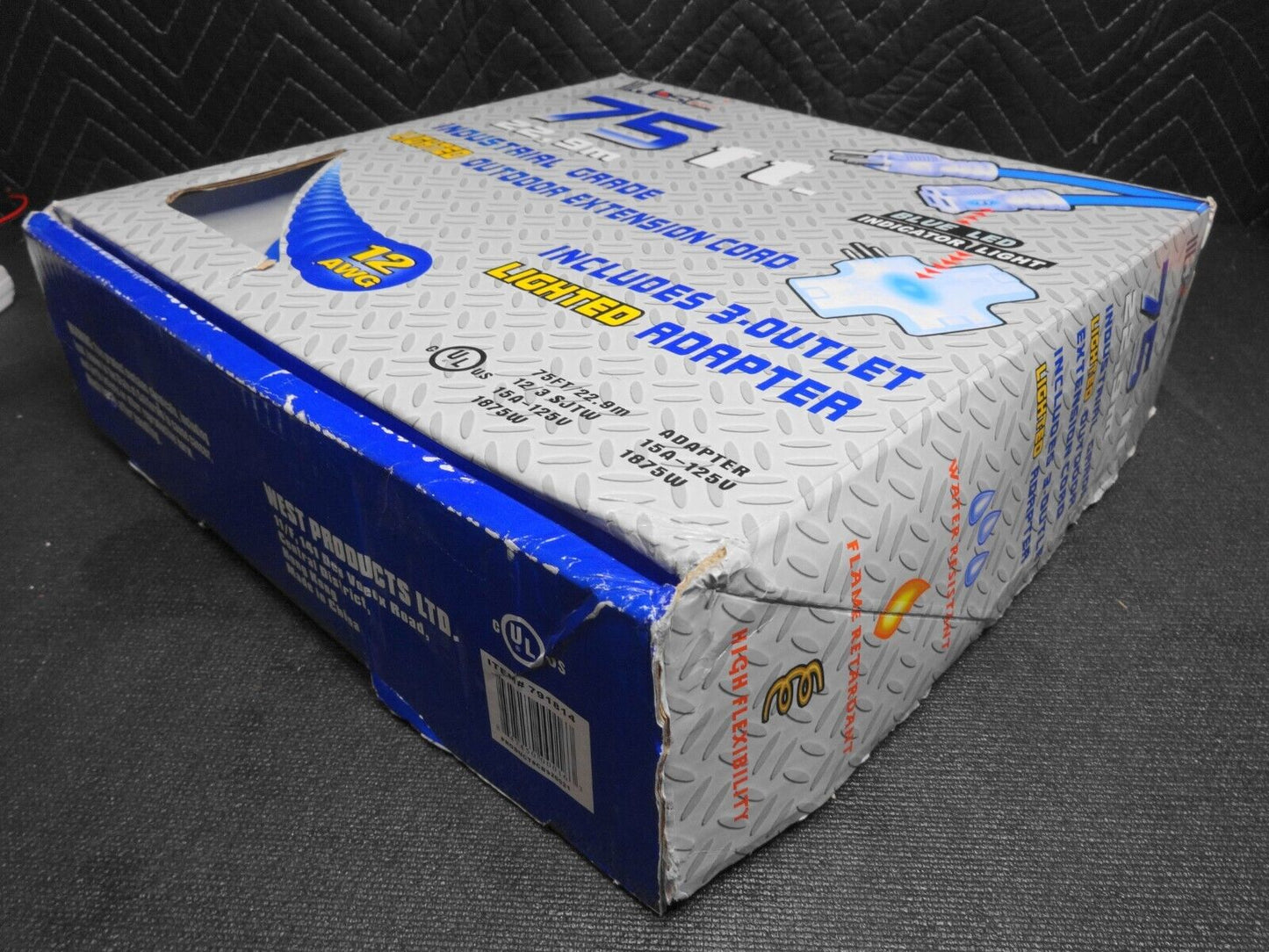 75 ft Extension Cord 3 Plug Lighted 12/3 15A 1875W 12 Gauge Indoor Outdoor Blue