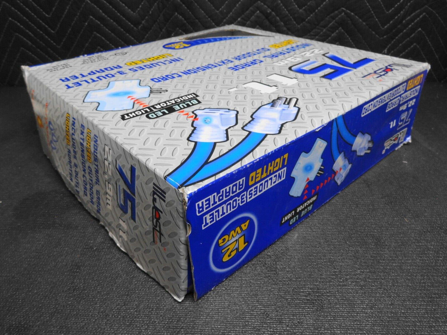 75 ft Extension Cord 3 Plug Lighted 12/3 15A 1875W 12 Gauge Indoor Outdoor Blue