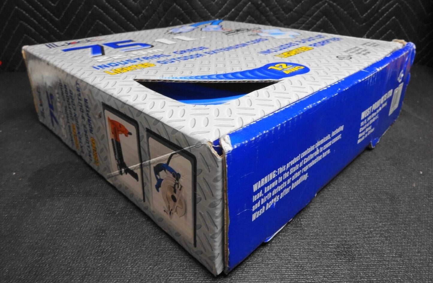 75 ft Extension Cord 3 Plug Lighted 12/3 15A 1875W 12 Gauge Indoor Outdoor Blue