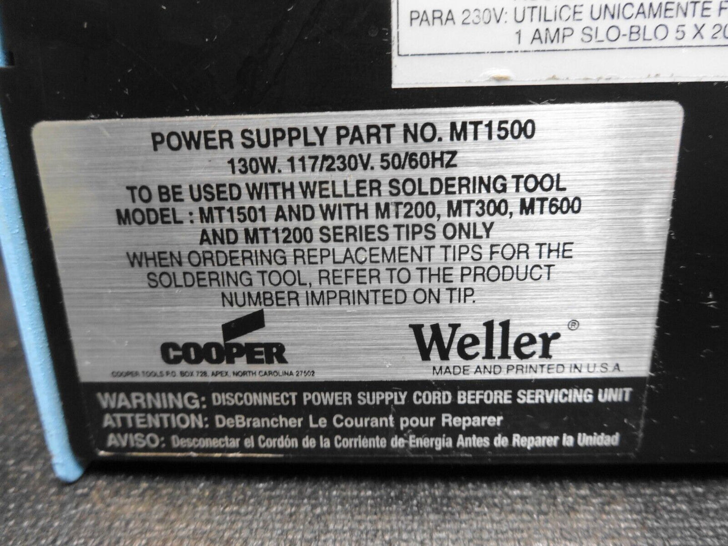 Weller MT1500 Soldering Station Power Unit 400-850℉ ±10℉ ESD Safe 120VAC 130W