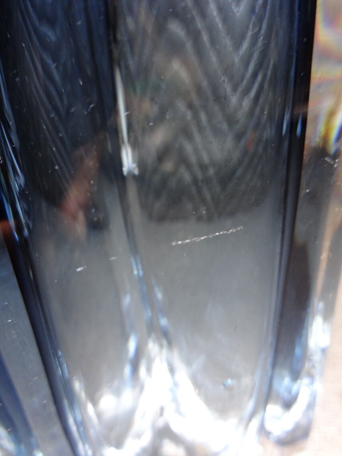 ORREFORS NILS LANDBERG SOMMERSO TRIANGLE ART GLASS VASE, MCM, BLUE, Signed