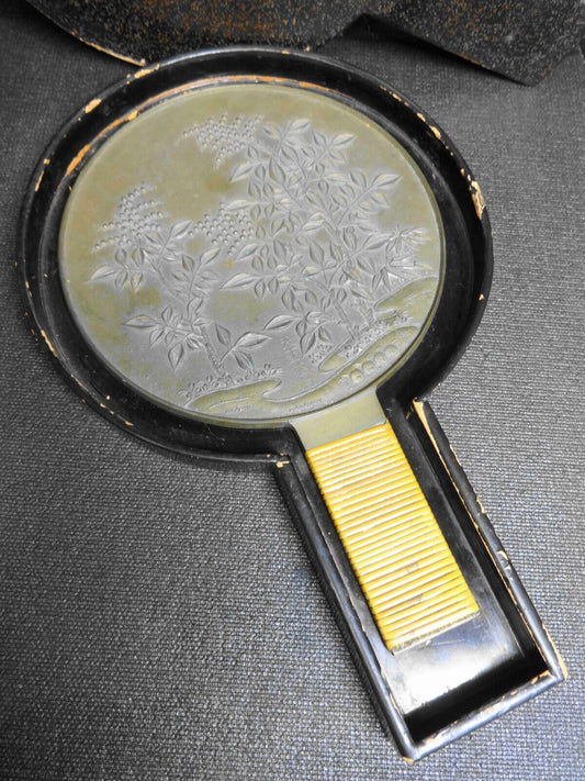 Antique Japanese Kagami Hand Mirror Bronze Late Edo period in Paper Case