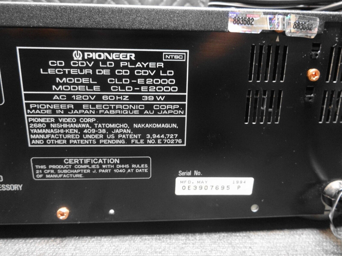 Vintage Pioneer CLD-E2000 CD CDV LD Laserdisc Player w/ Remote - *SERVICED*